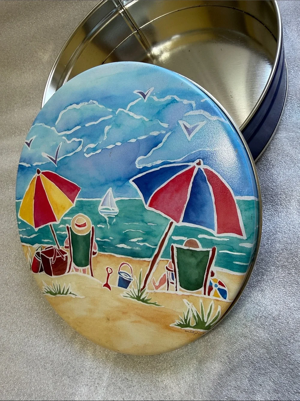 Beach Scene Round Metal Canister - Colorful Umbrellas